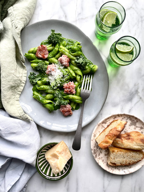 Pasta with Green Sauce and Salsiccia Meatballs